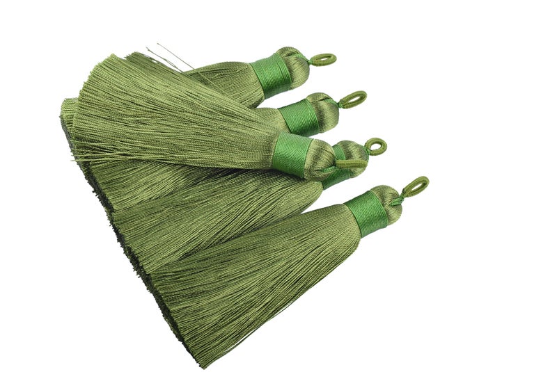 KONMAY 10pcs 3.4''(8.5cm) Handmade Imitation Silk Tassels with Hanging Loop for Jewelry Making (Army Green) - Image 1